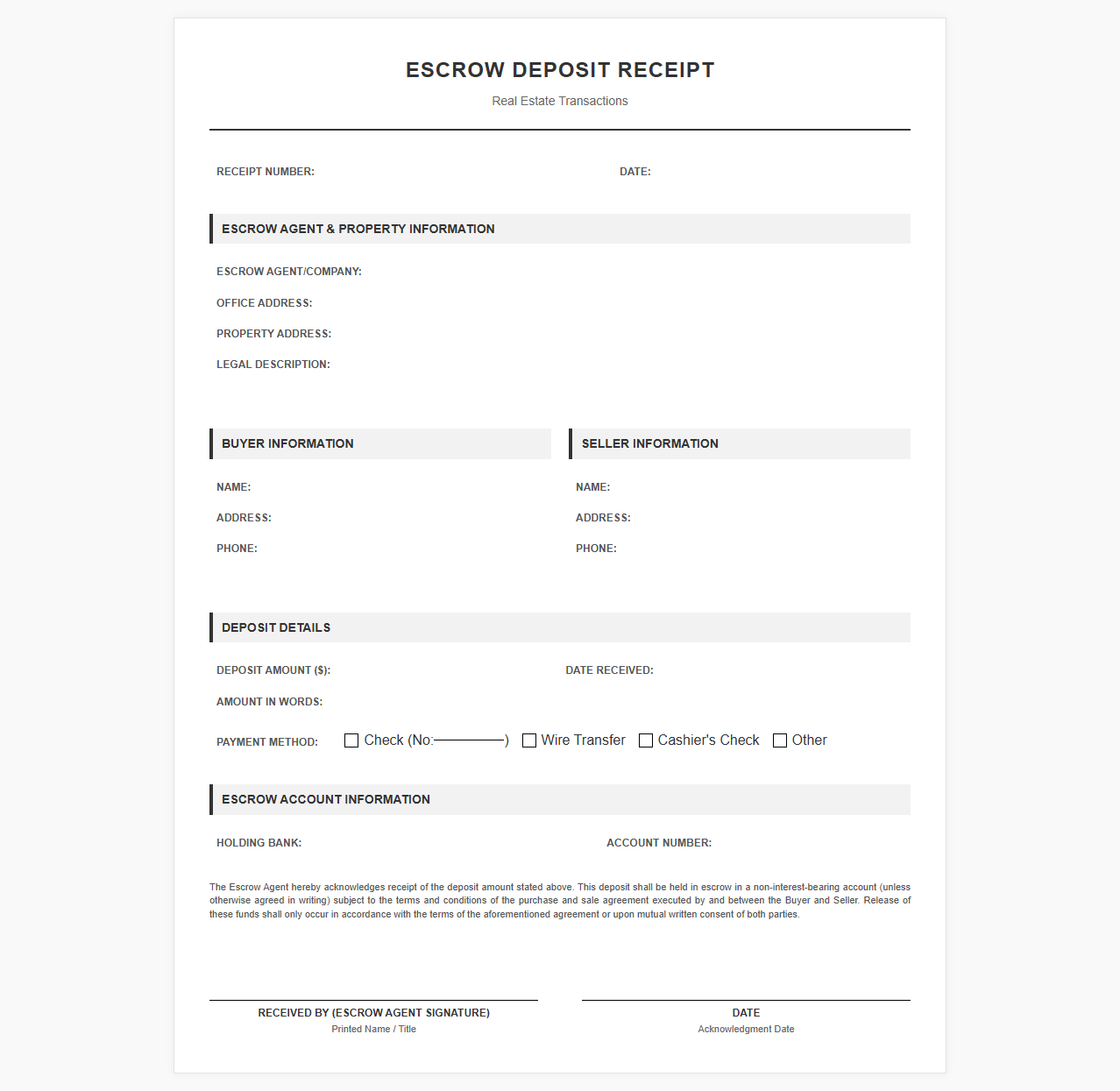 Real Estate Escrow Deposit Receipt