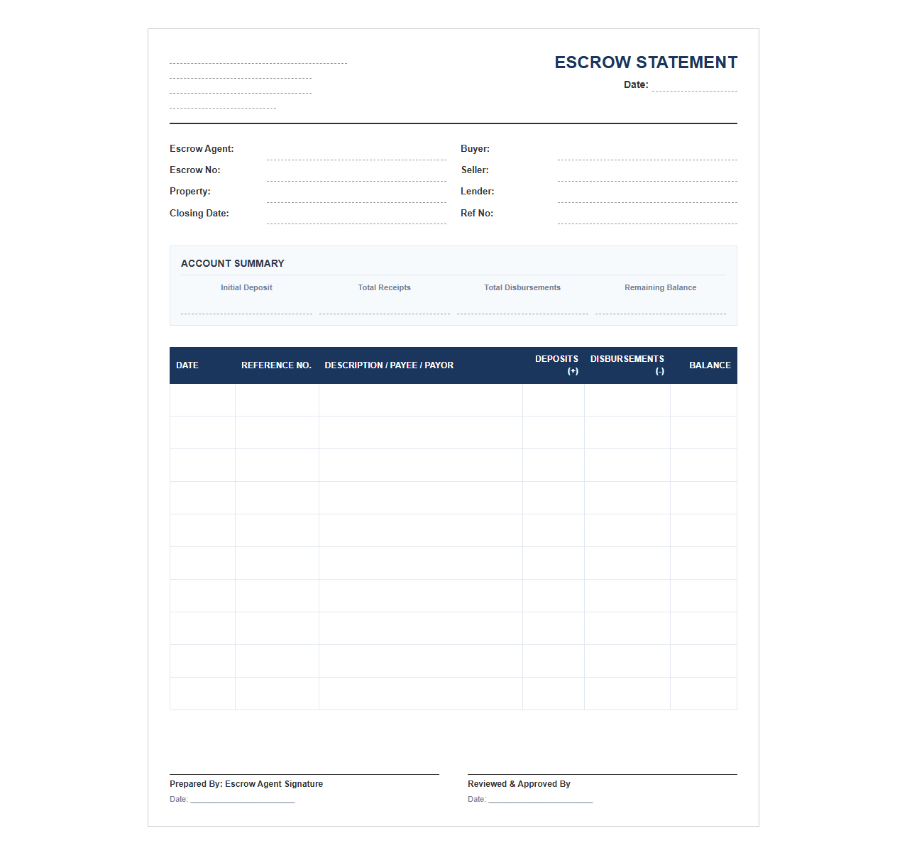 Real Estate Escrow Statement Template
