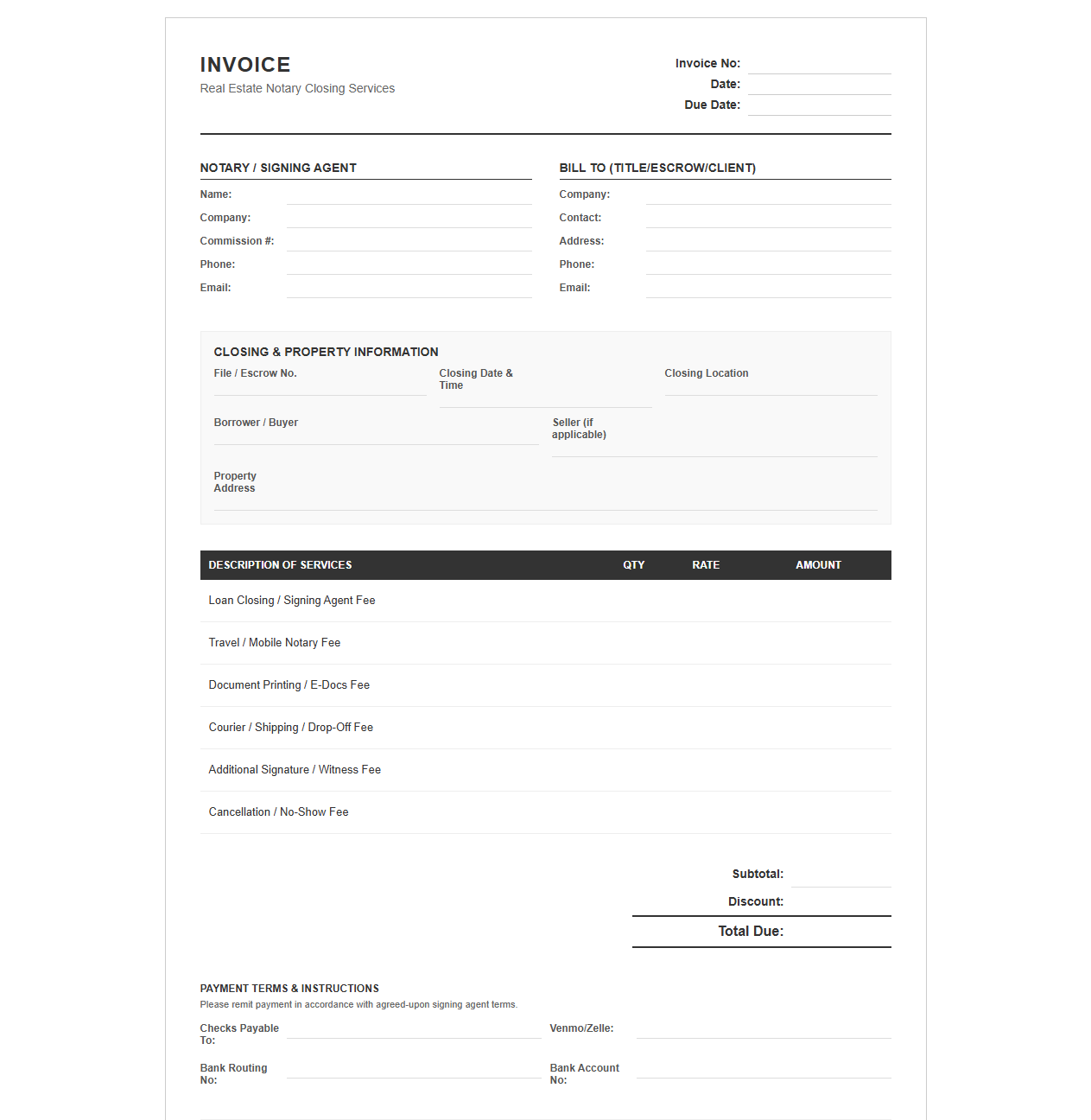 Real Estate Notary Closing Invoice Template