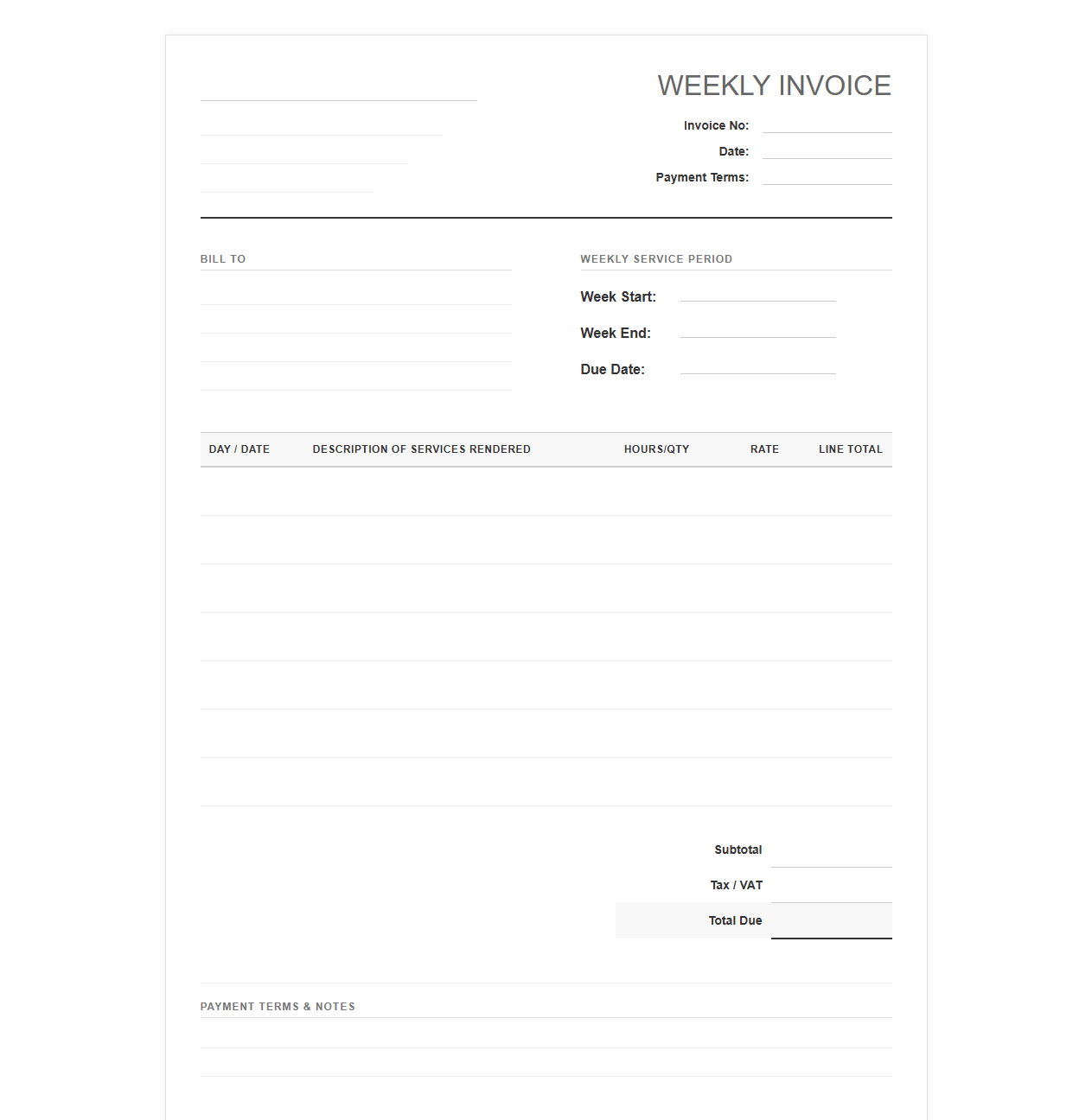 Recurring Weekly Professional Services Invoice
