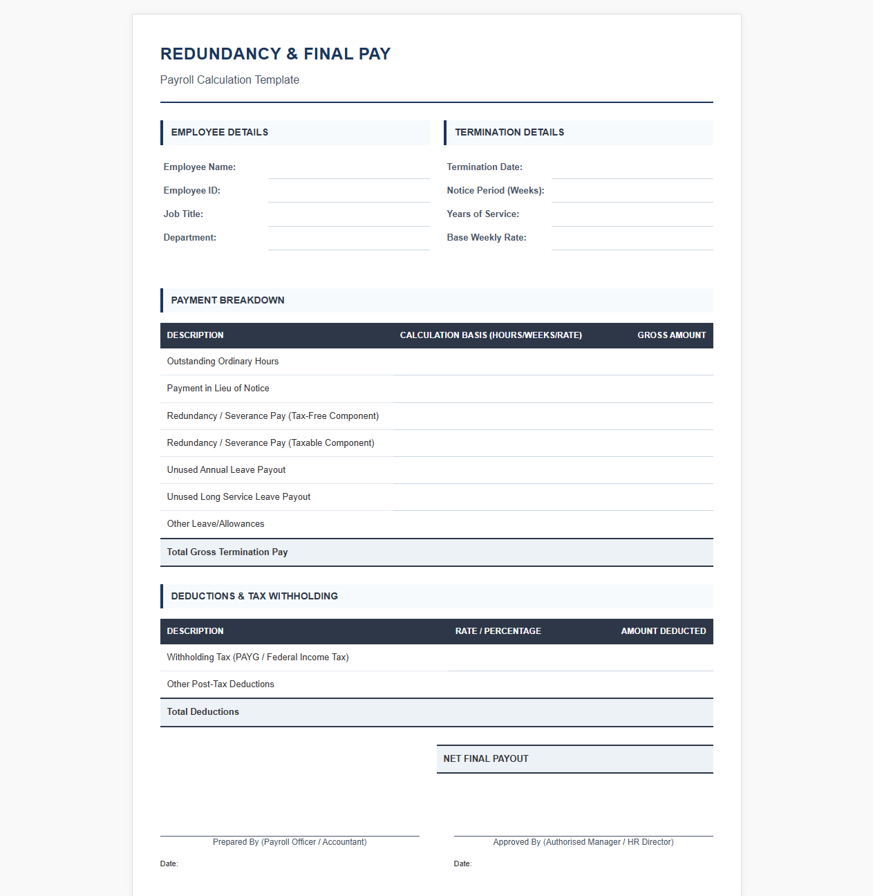 Redundancy and Final Pay Payroll Template
