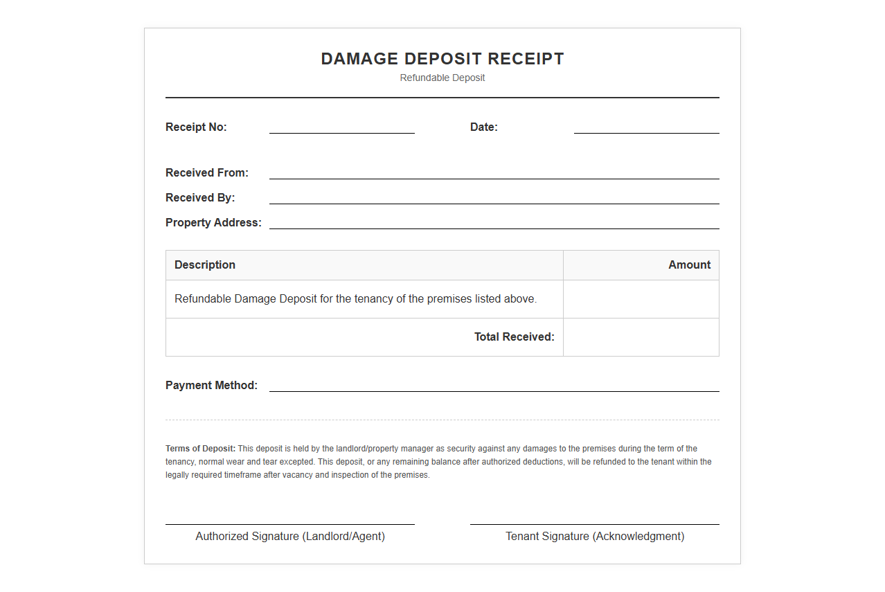 Refundable Damage Deposit Receipt Template