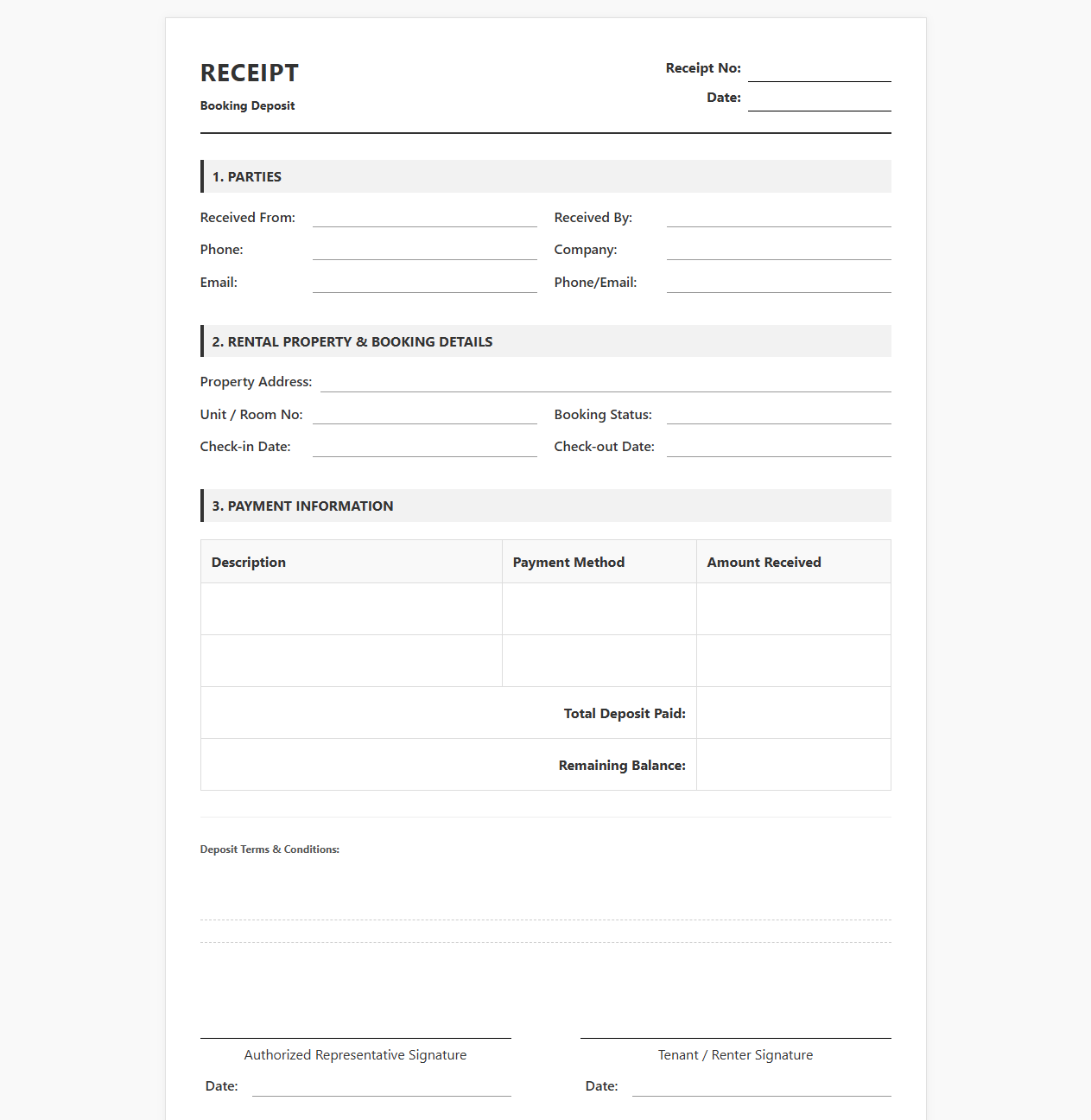 Rental Booking Deposit Receipt