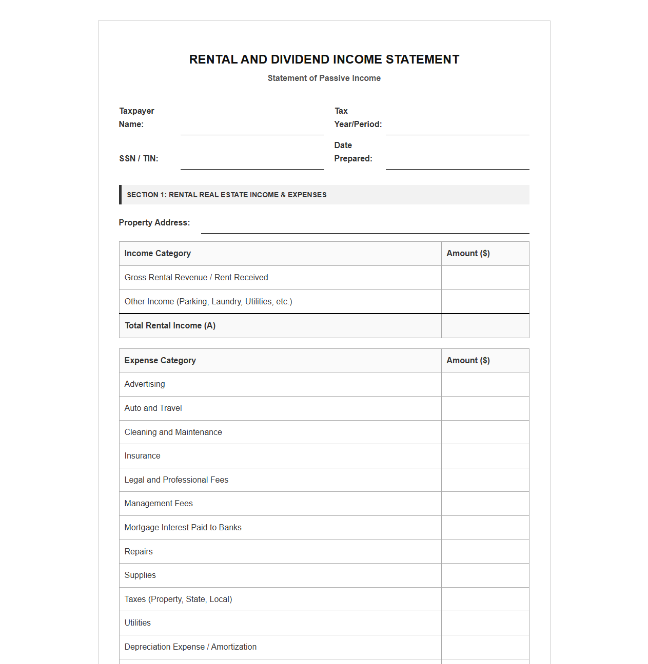 Rental and Dividend Income Statement Form