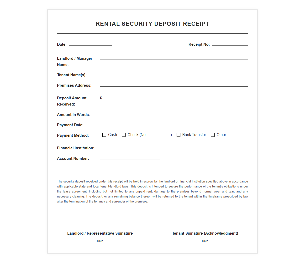 Rental Security Deposit Receipt Form