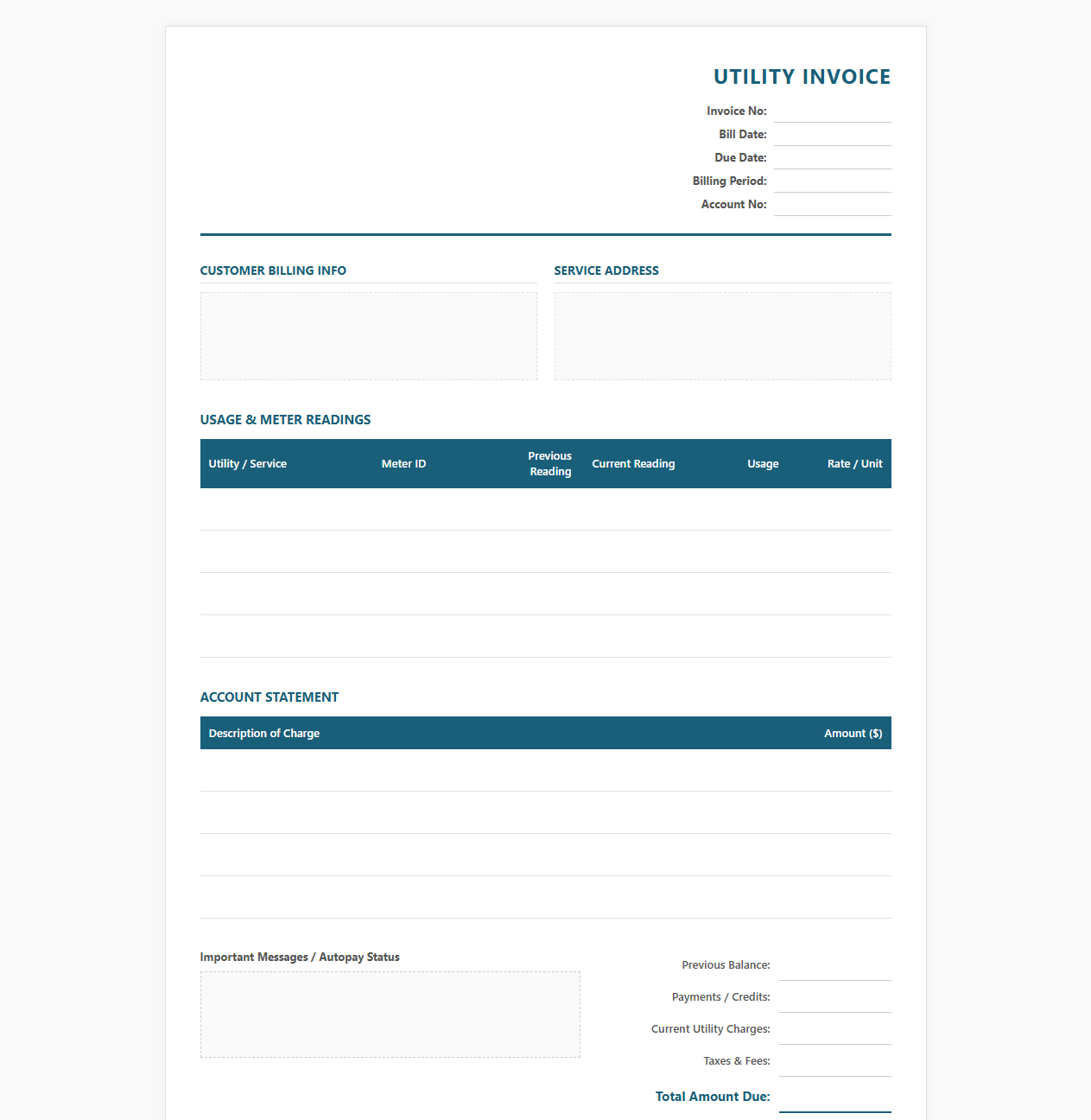 Repeated Utility Billing Invoice Template