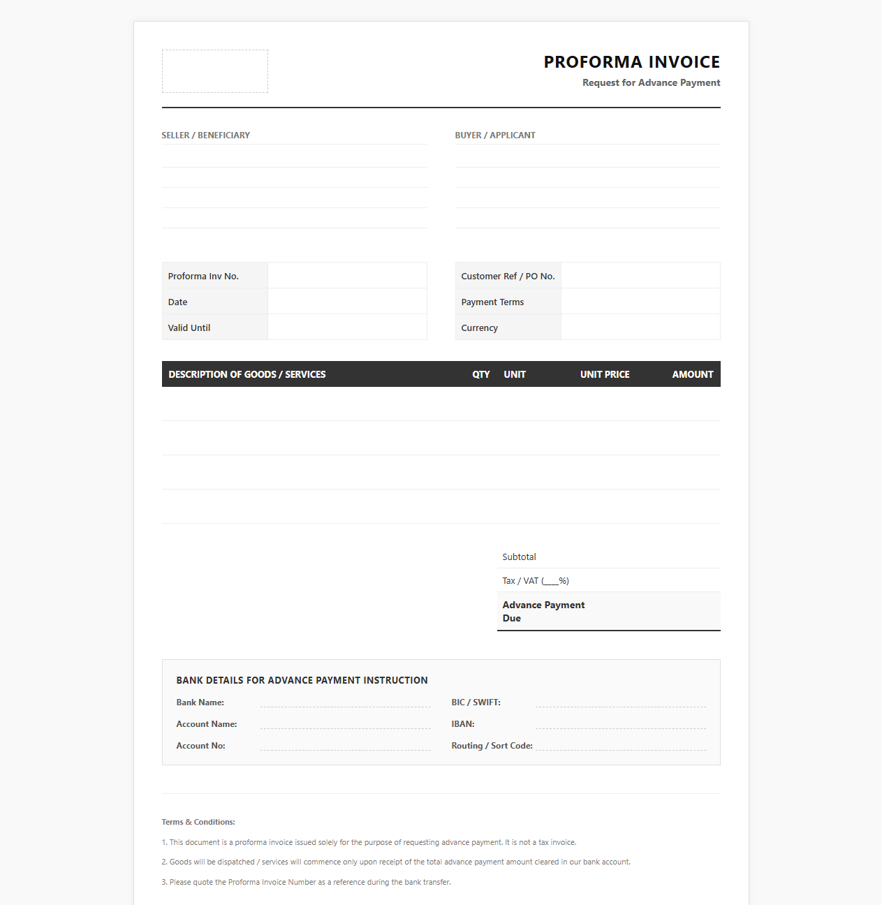 Request for Advance Payment Proforma Invoice