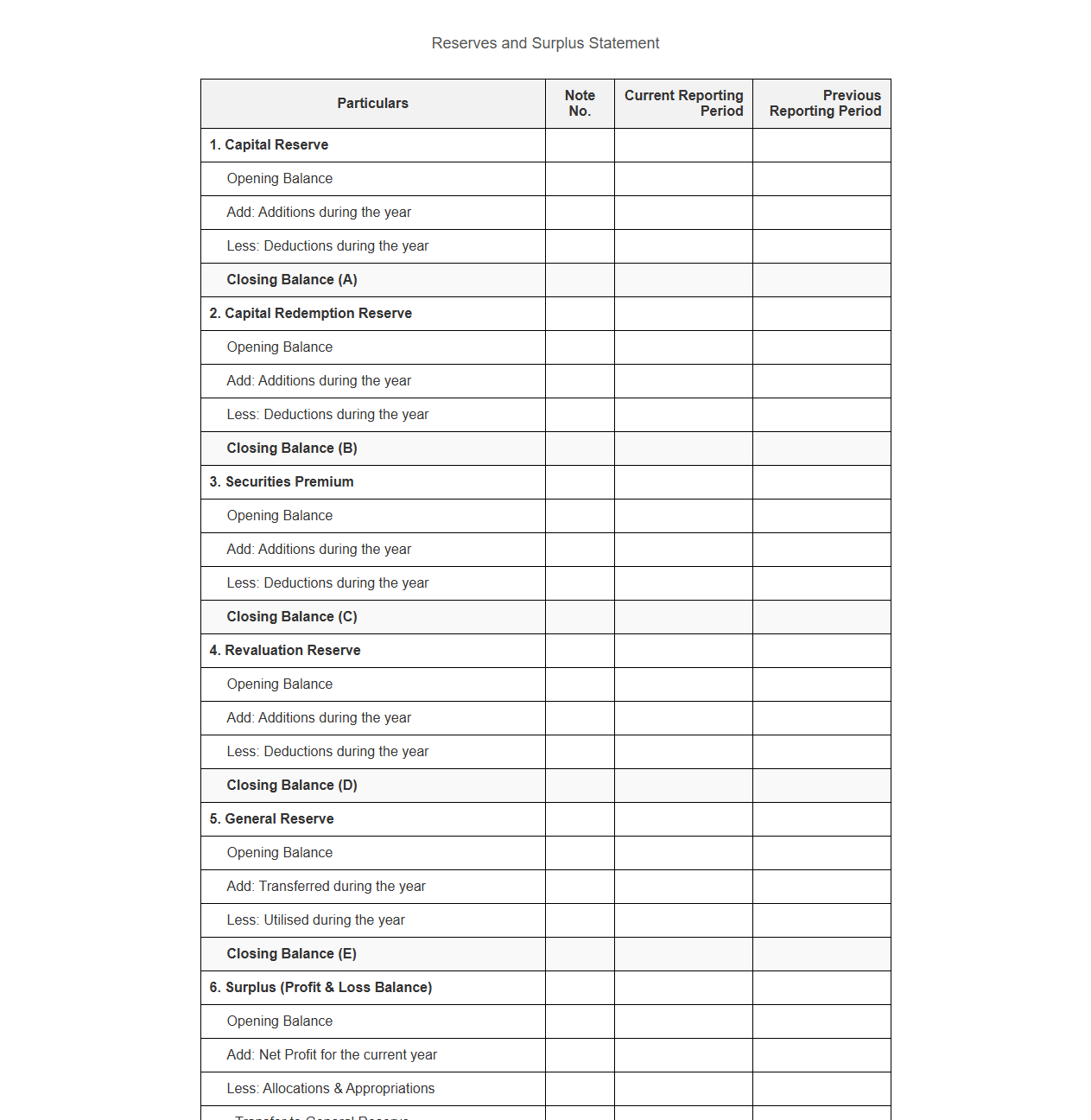 Reserves and Surplus Balance Sheet Statement Template
