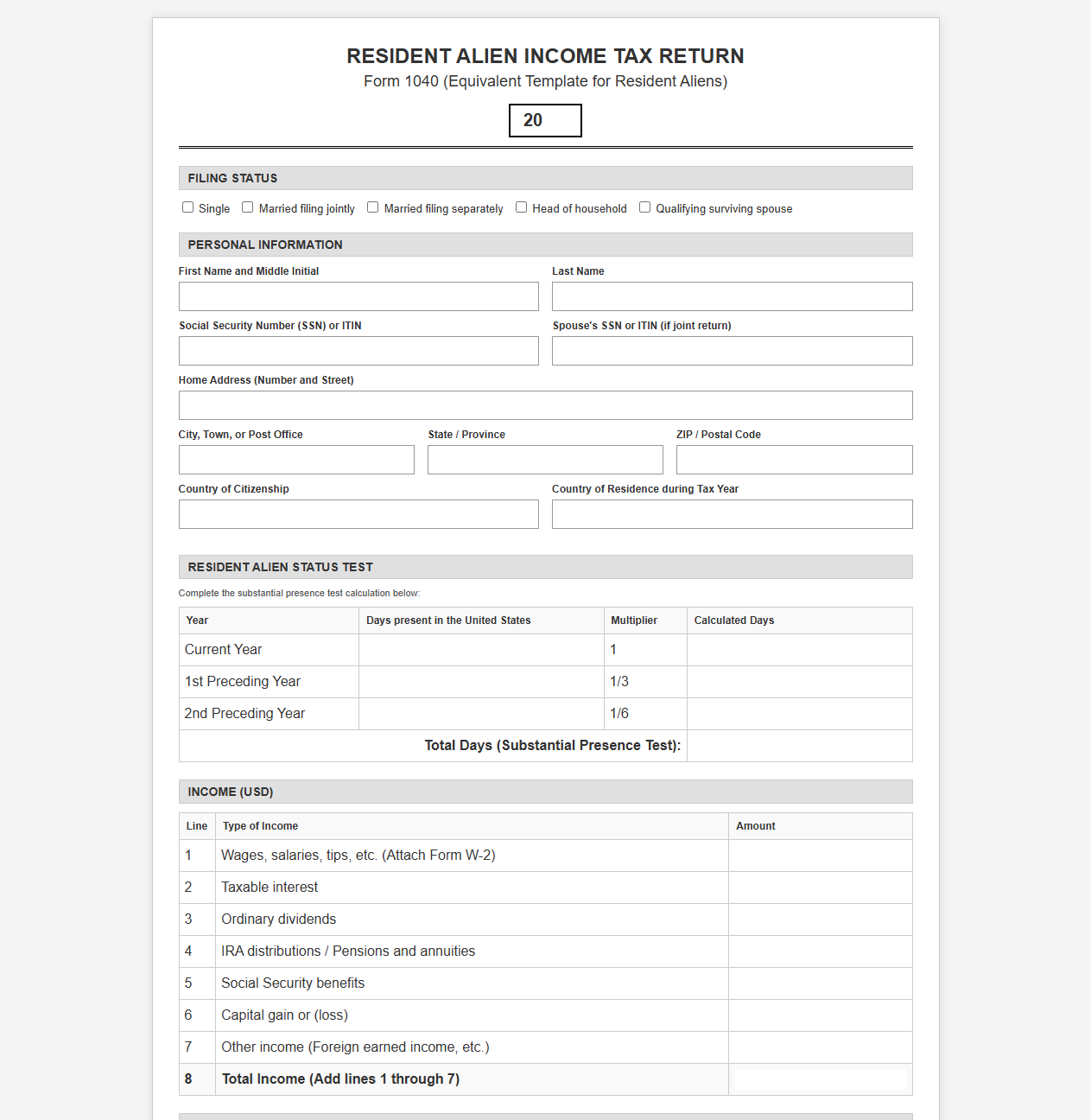 Resident Alien Tax Filing Template