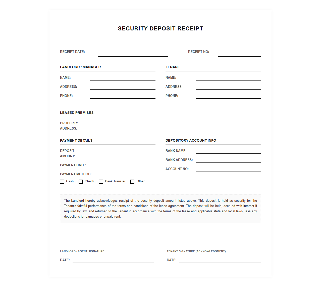 Residential Lease Security Deposit Receipt