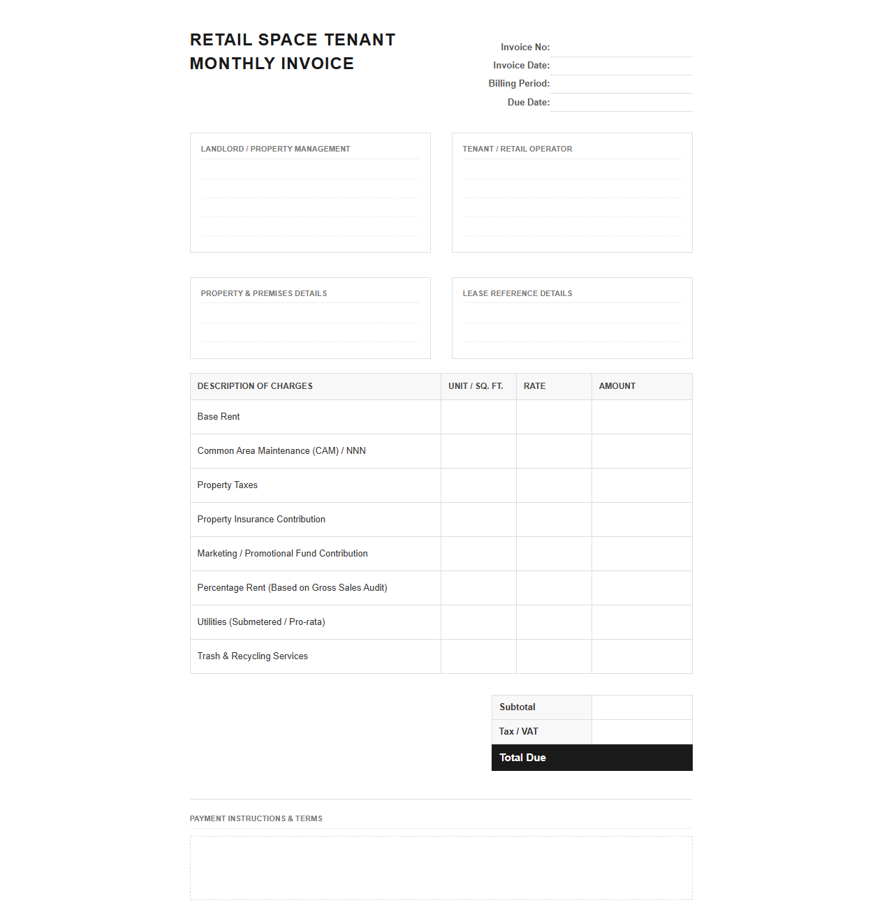 Retail Space Tenant Monthly Invoice