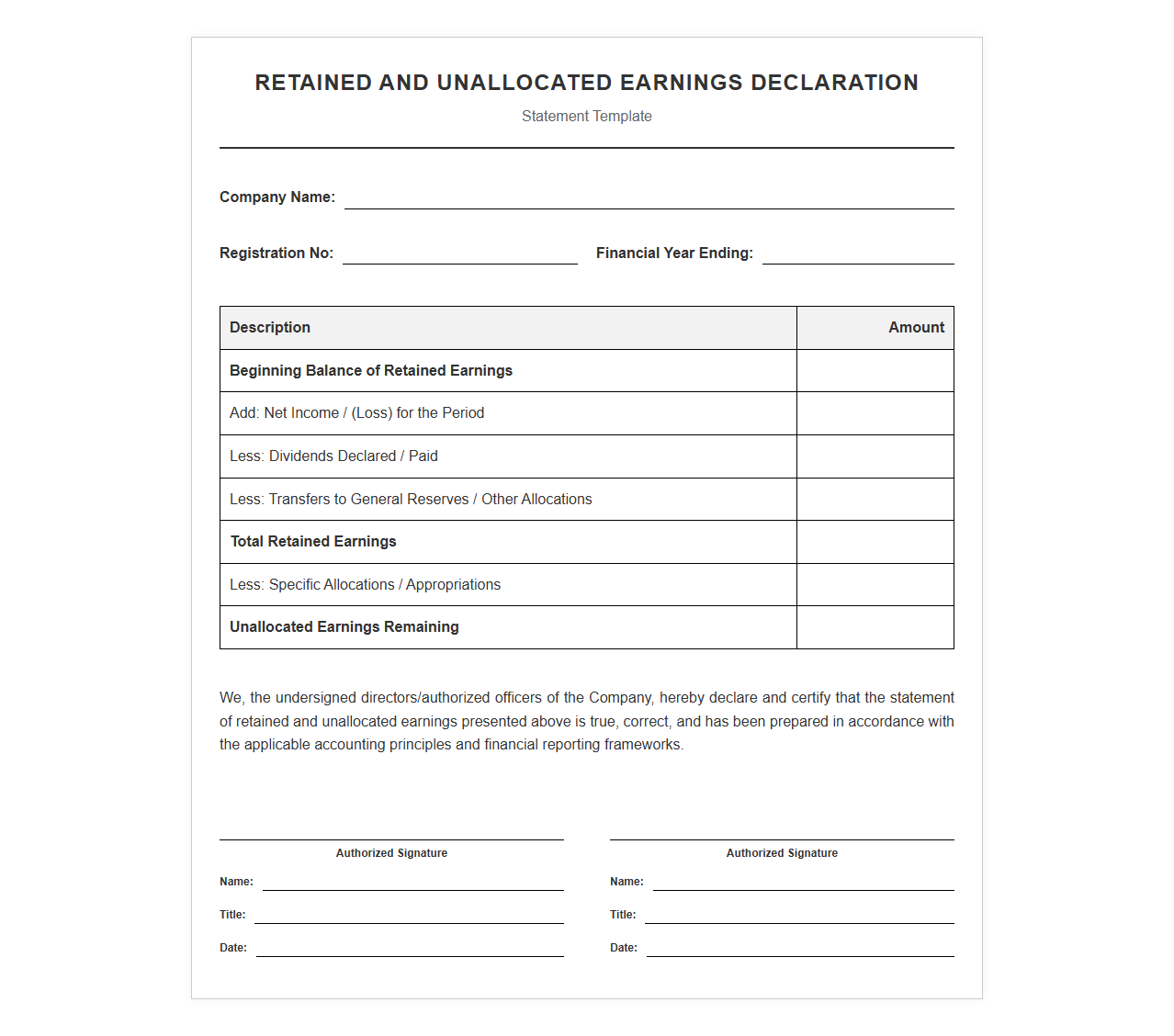 Retained and Unallocated Earnings Declaration Form