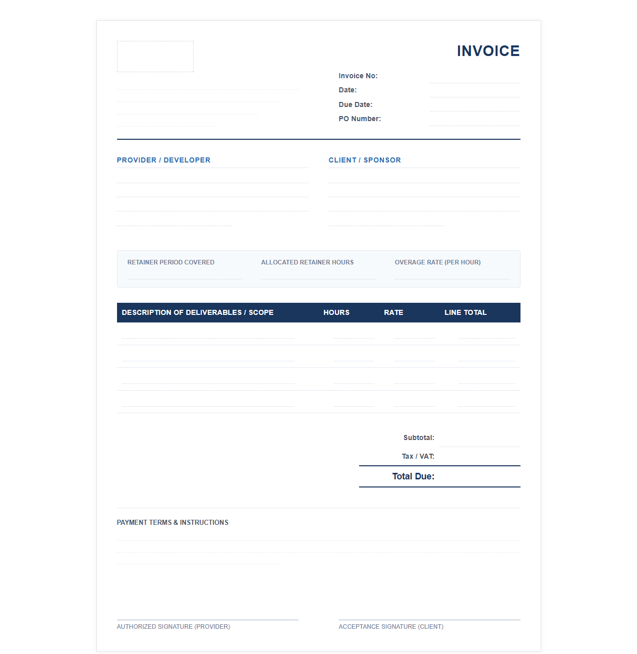Retainer-Based Commercial Product Development Invoice