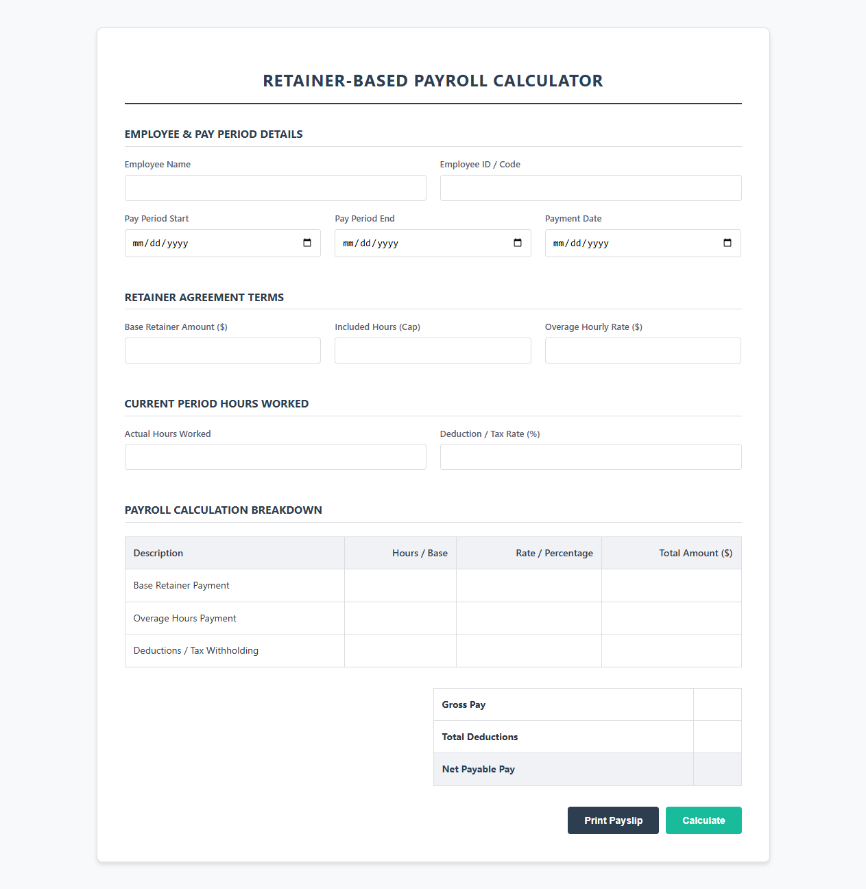 Retainer-Based Employee Payroll Calculator