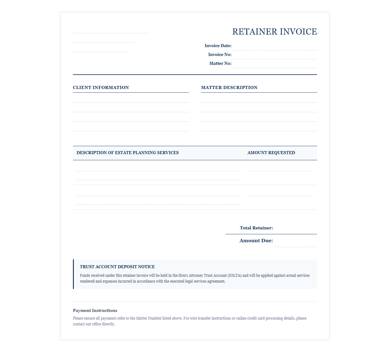 Retainer Invoice for Estate Planning Counsel