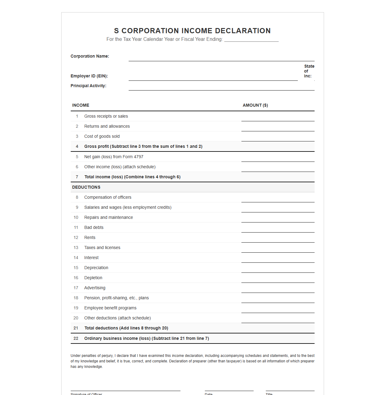S Corp Annual Income Declaration Template