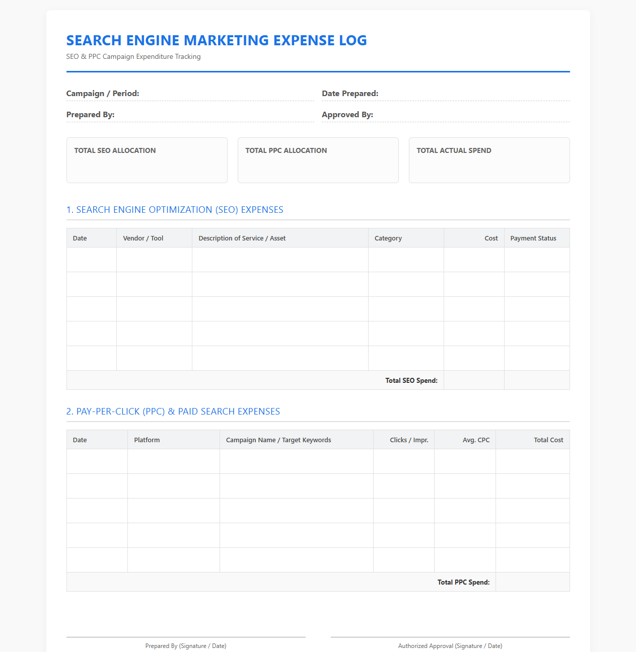 Search Engine Marketing Expense Log