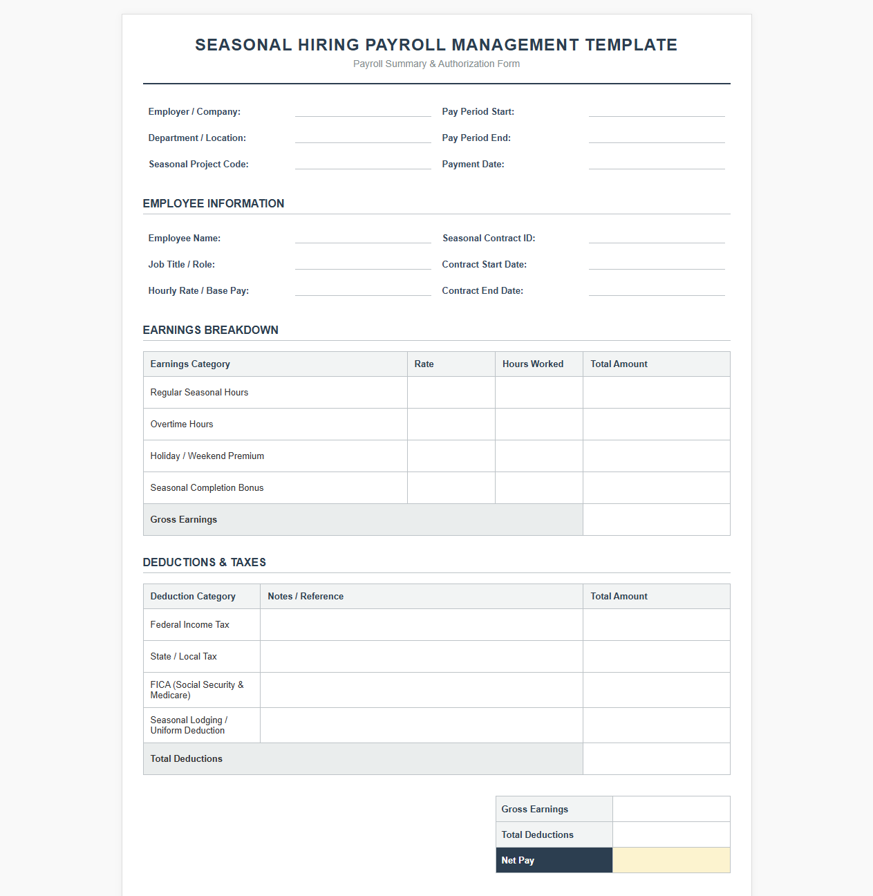 Seasonal Hiring Payroll Management Template