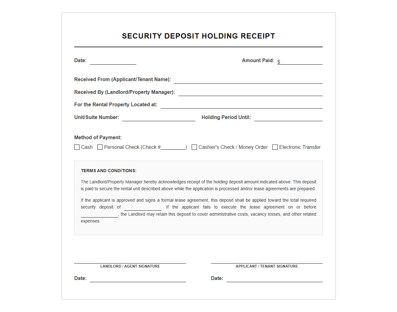 Security Deposit Holding Receipt Form