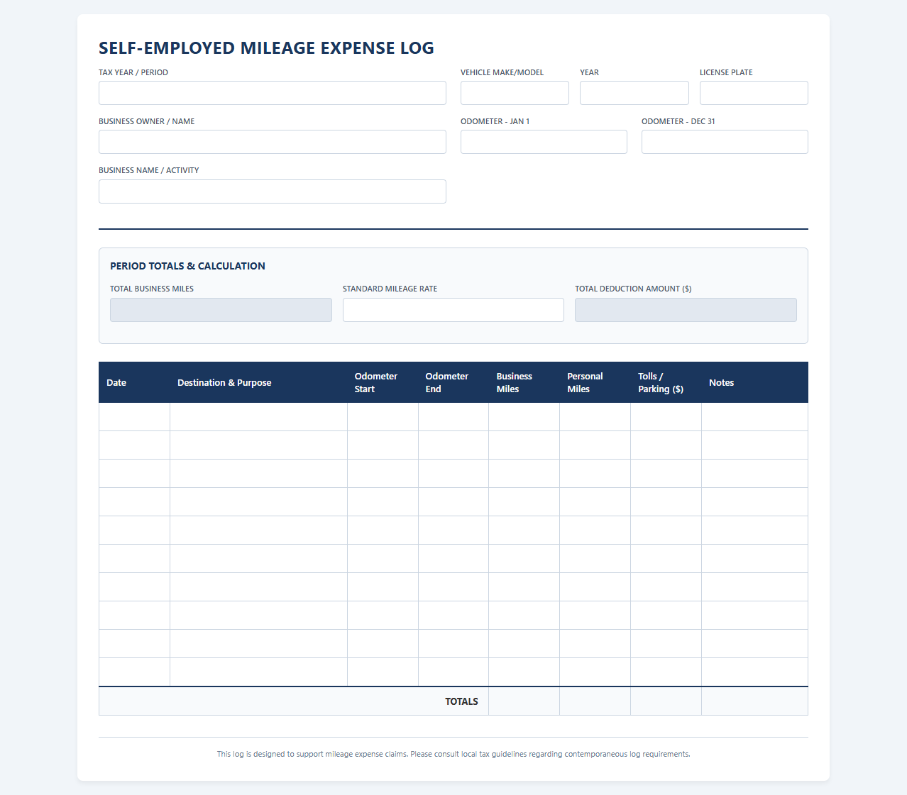 Self-Employed Mileage Expense Log Template