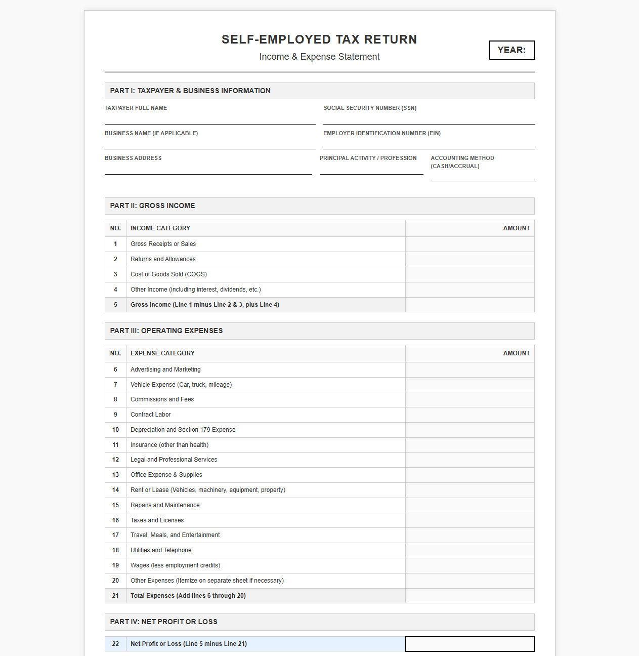 Self-Employed Tax Return Template