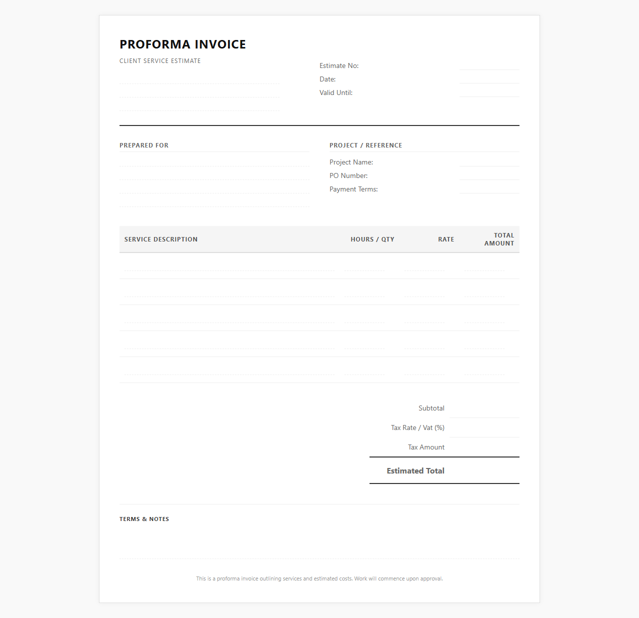 Service Proforma Invoice Template for Client Estimates