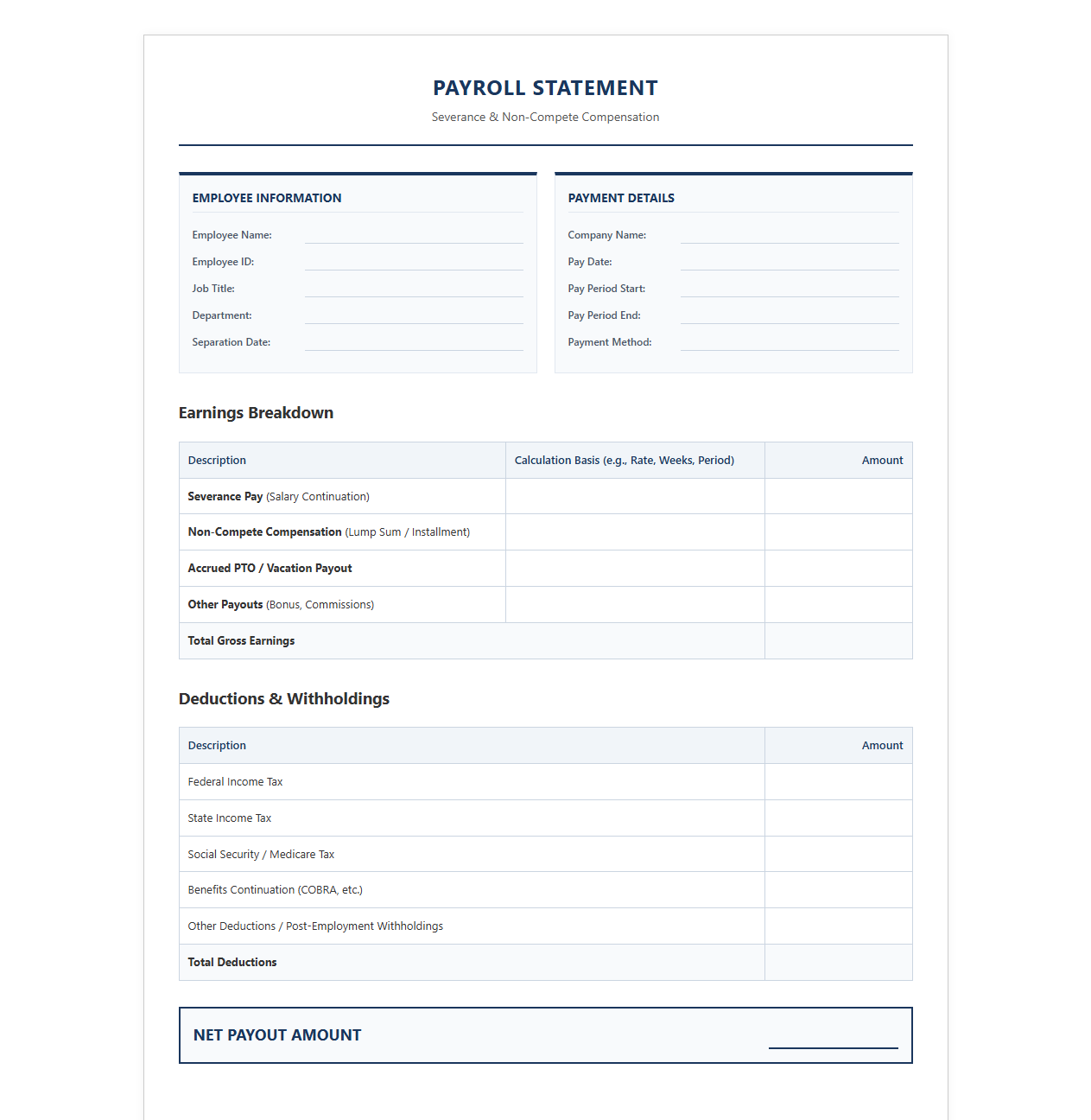 Severance and Non-Compete Pay Payroll Template