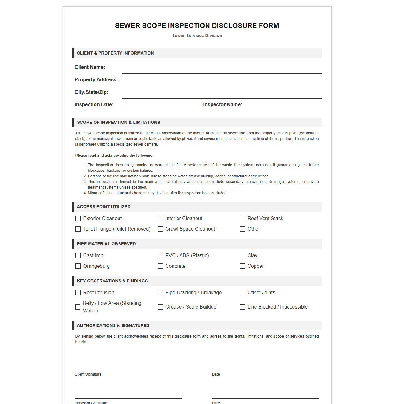 Sewer Scope Inspection Disclosure Form