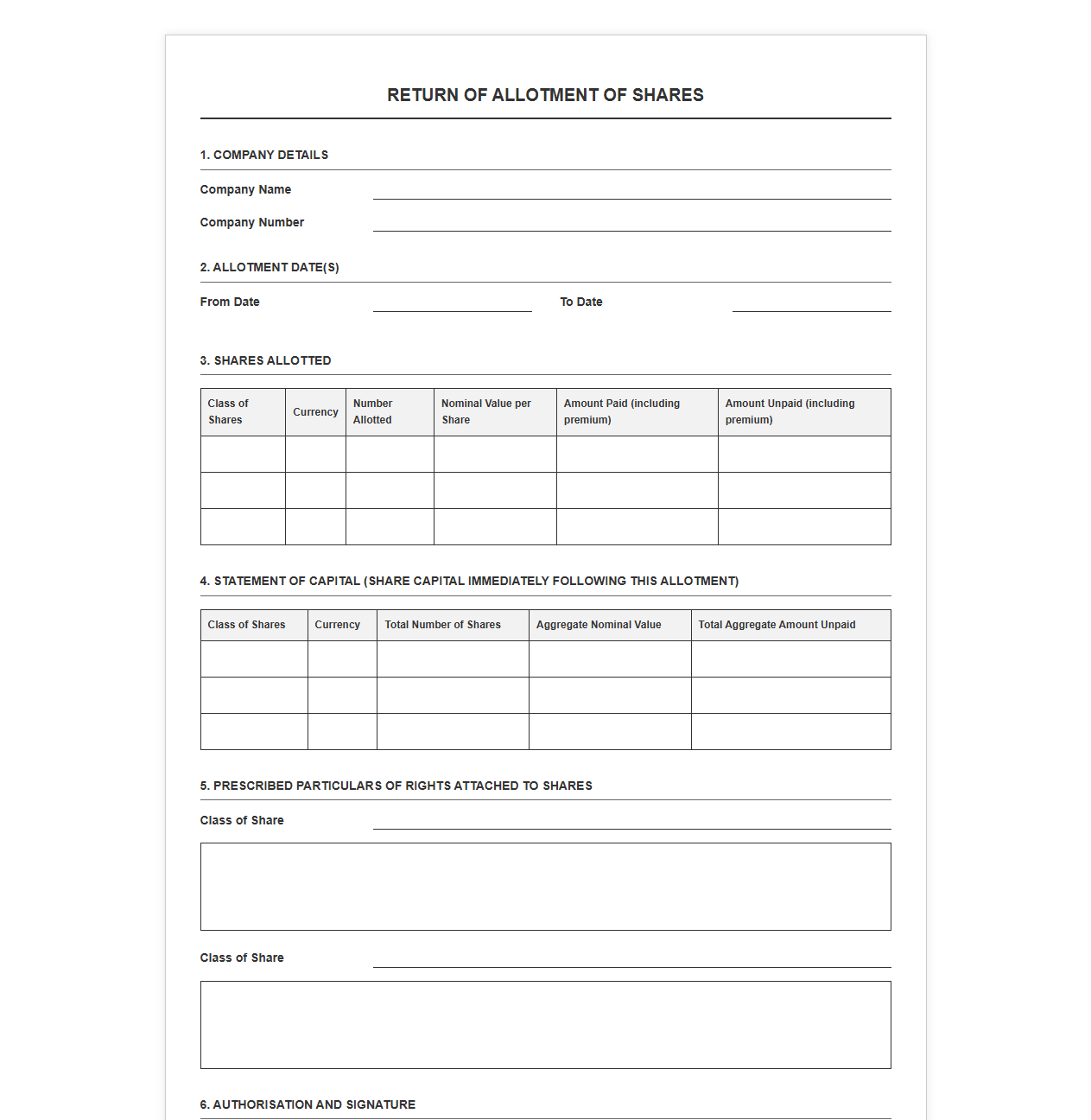 Share Capital Return and Allotment Document