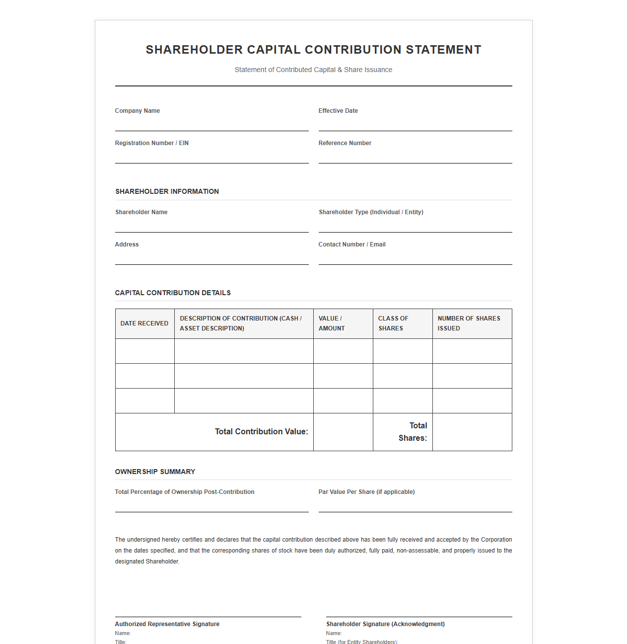 Shareholder Capital Contribution Statement Template