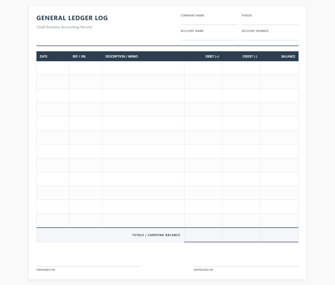Small Business General Ledger Log