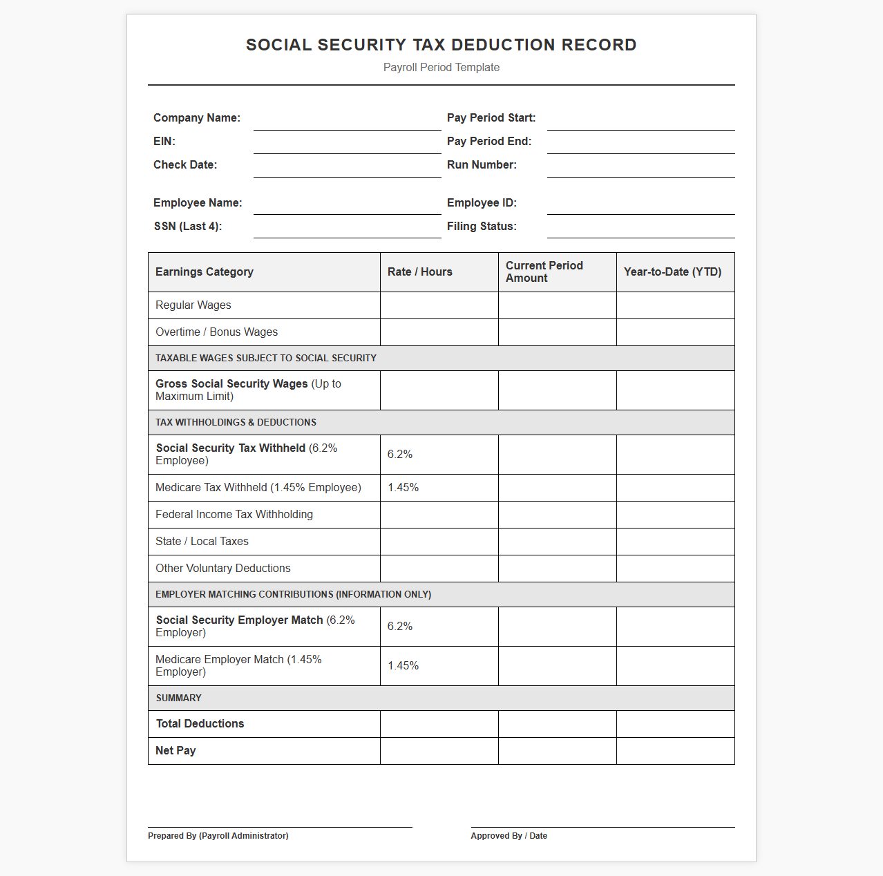 Social Security Tax Deduction Payroll Template