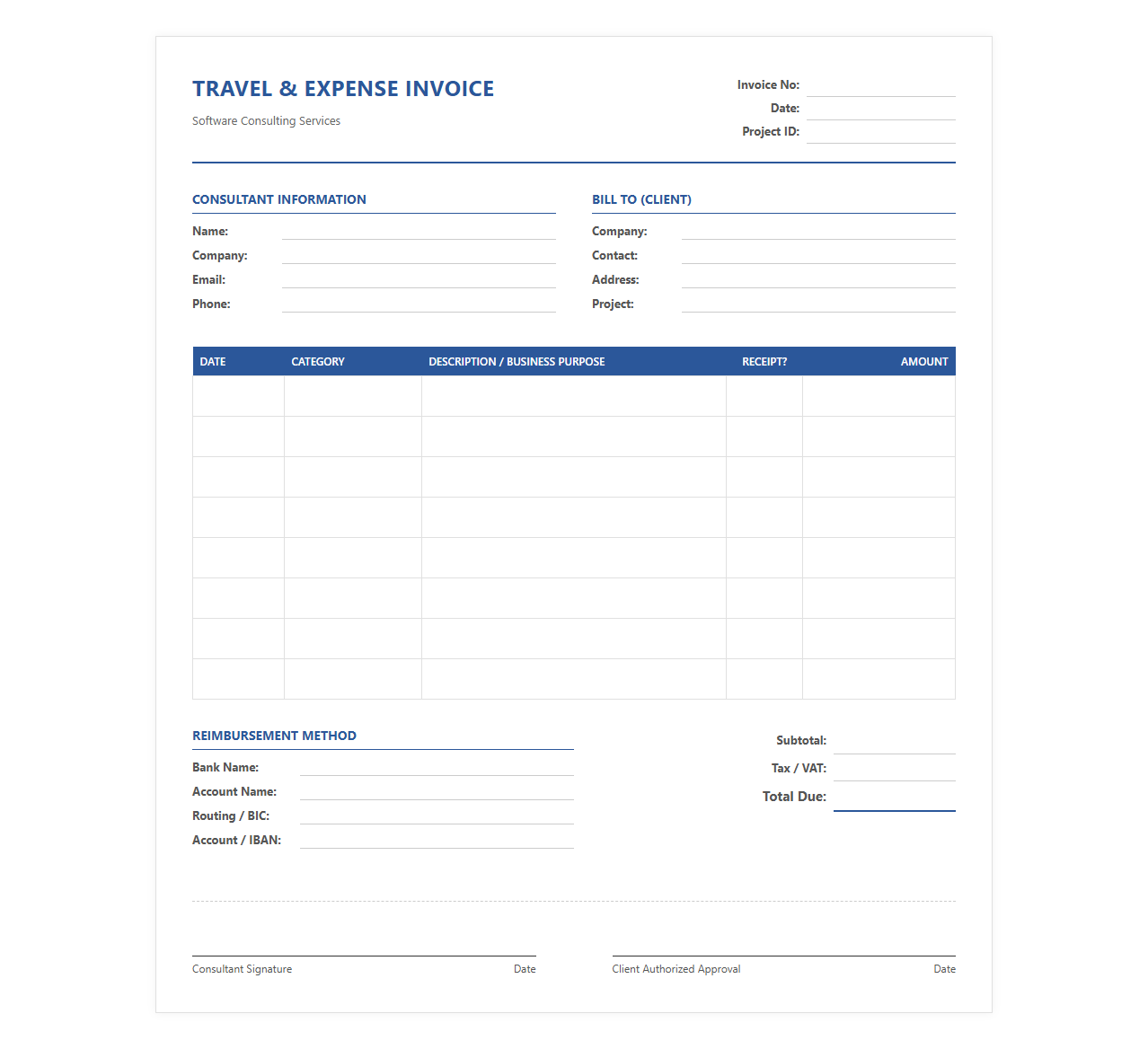 Software Developer Travel and Expense Invoice