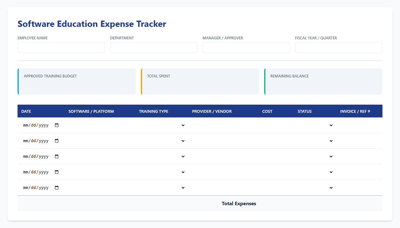Software Education Expense Tracking Spreadsheet