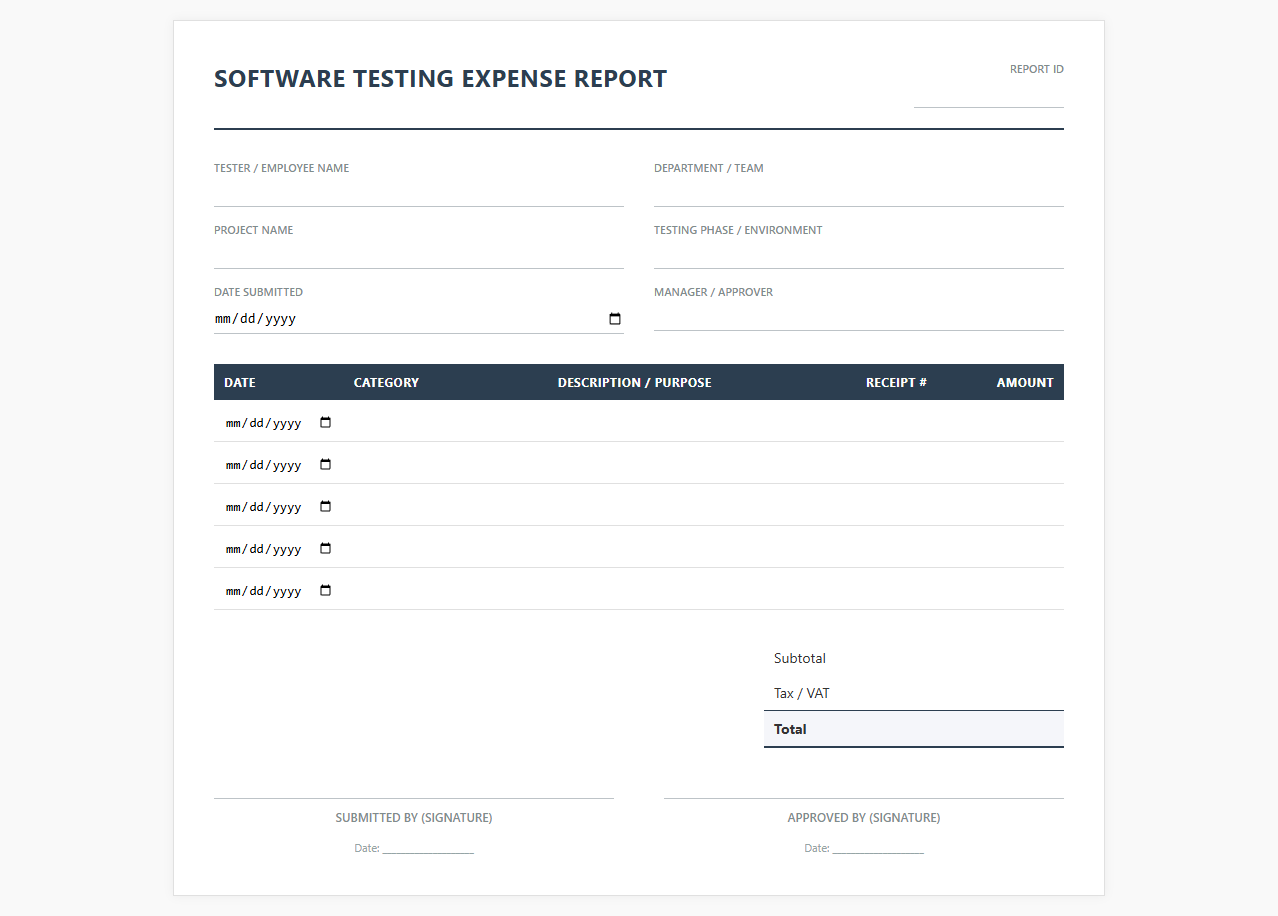Software Testing Expense Report Template