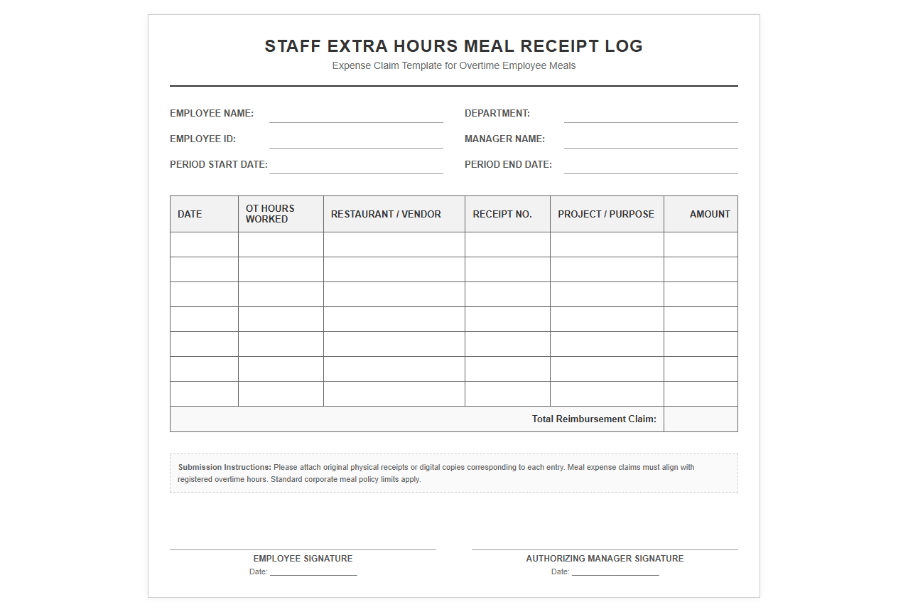 Staff Extra Hours Meal Receipt Log