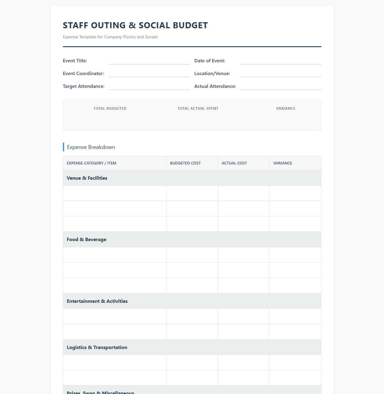 Staff Outing and Social Budget Template