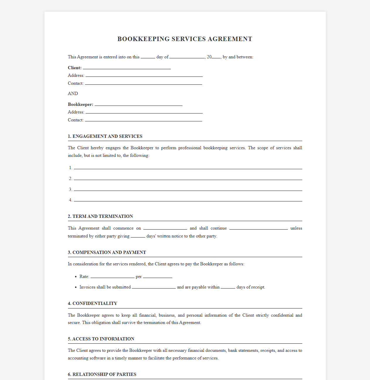 Standard Bookkeeping Contract Template