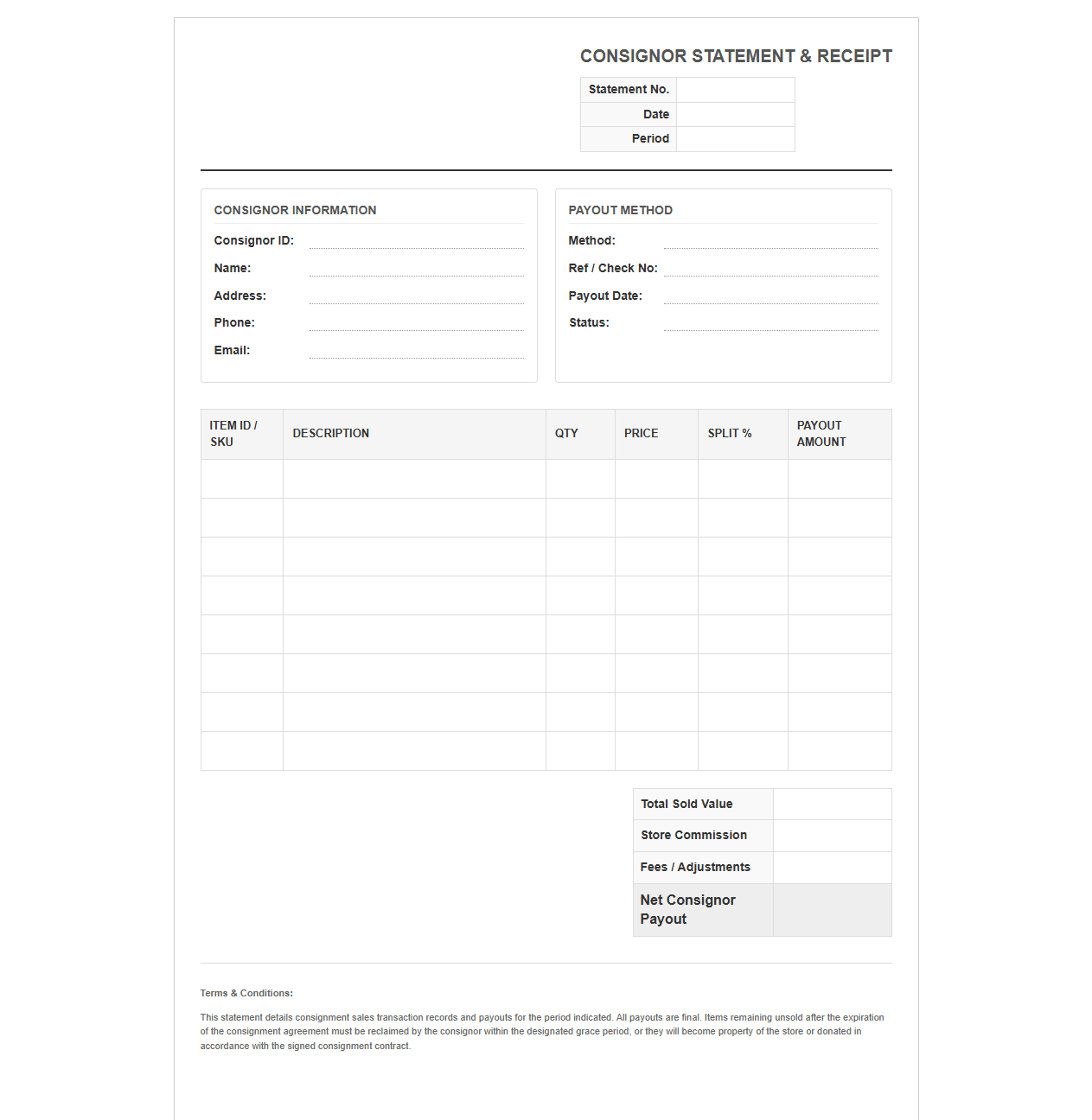 Standard Consignor Sales Receipt and Statement