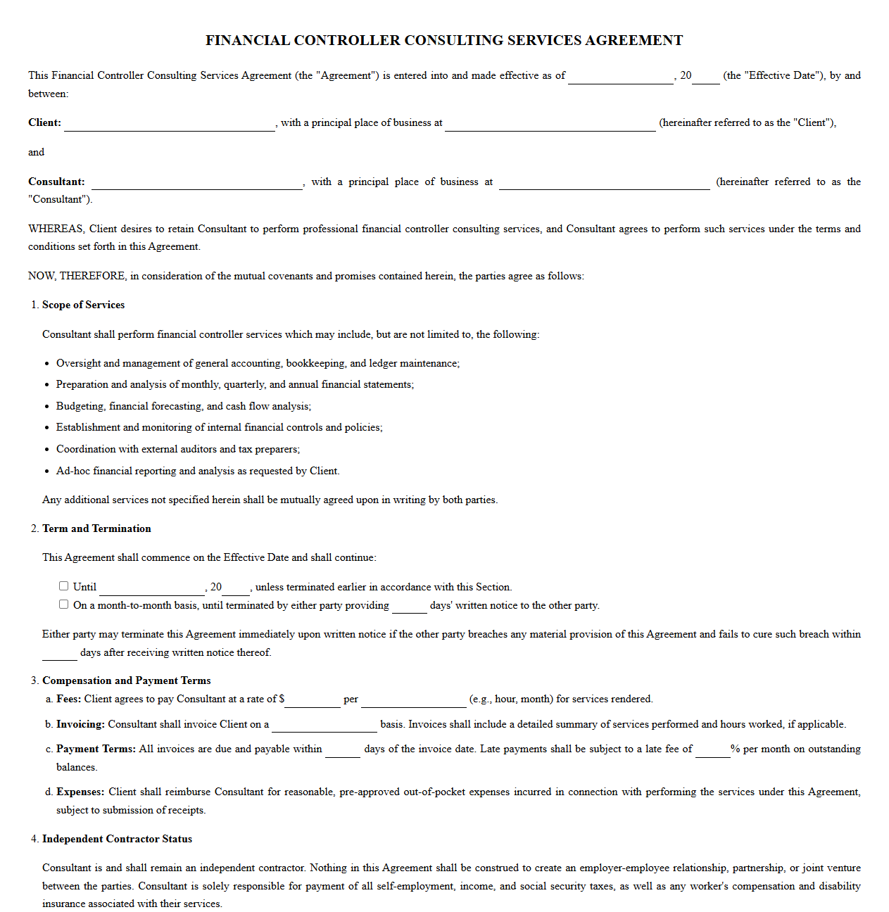 Standard Financial Controller Consulting Services Agreement