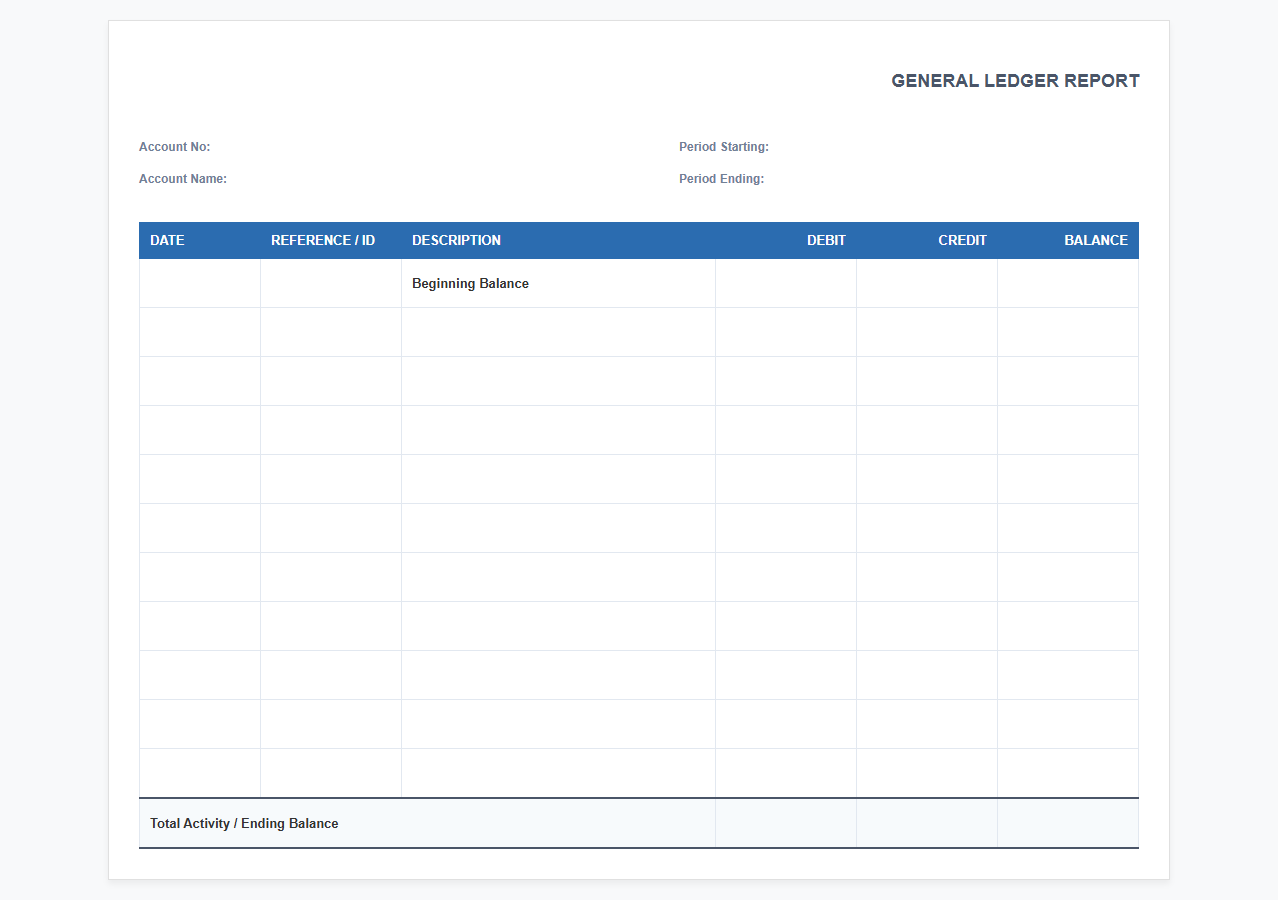 Standard General Ledger Report Spreadsheet