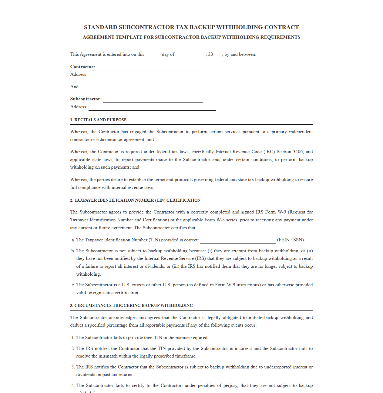 Standard Subcontractor Tax Backup Withholding Contract