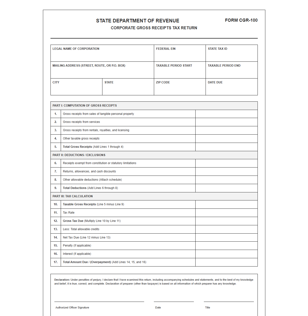 State Corporate Gross Receipts Tax Declaration Template