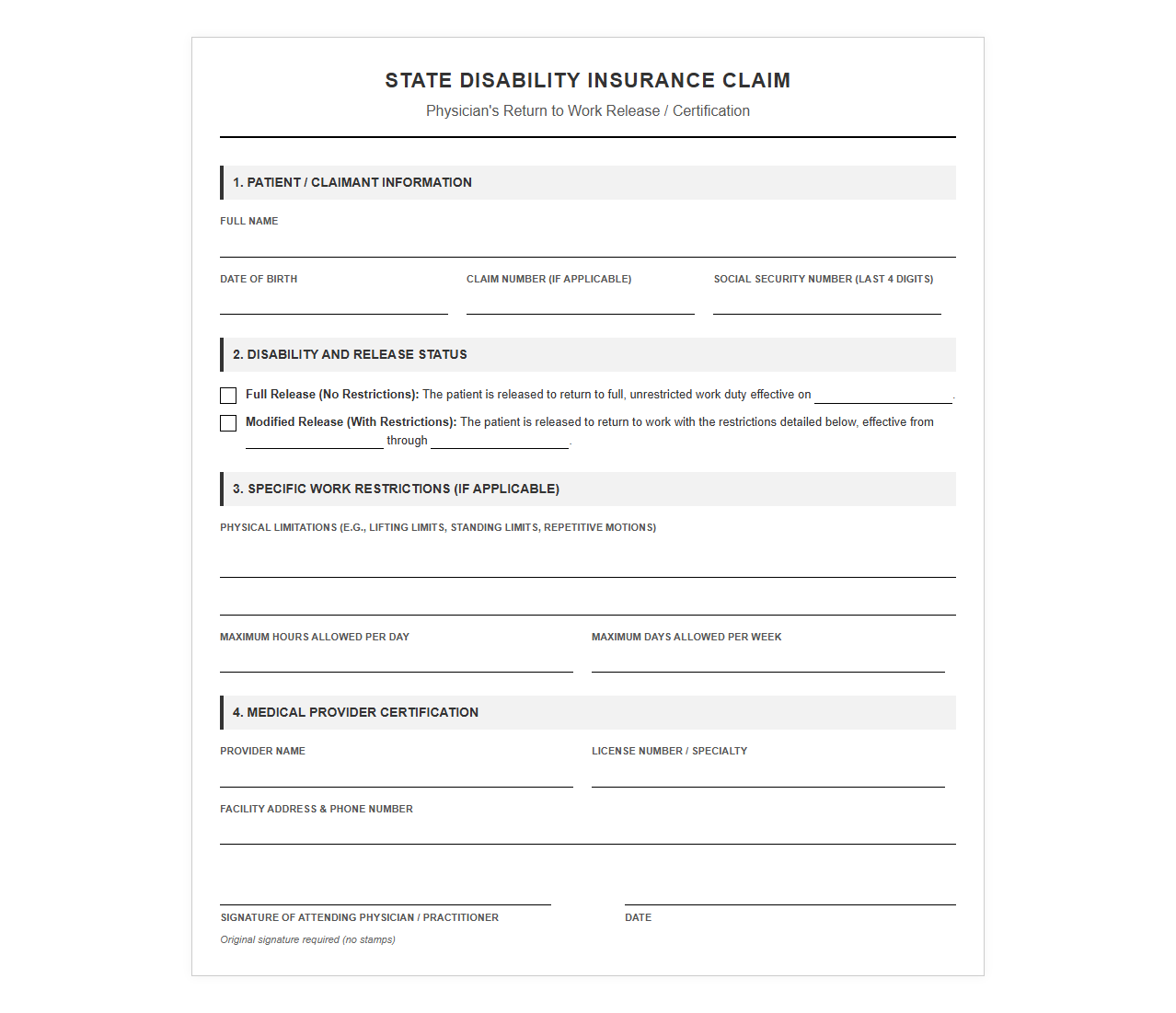 State Disability Claim Return to Work Release