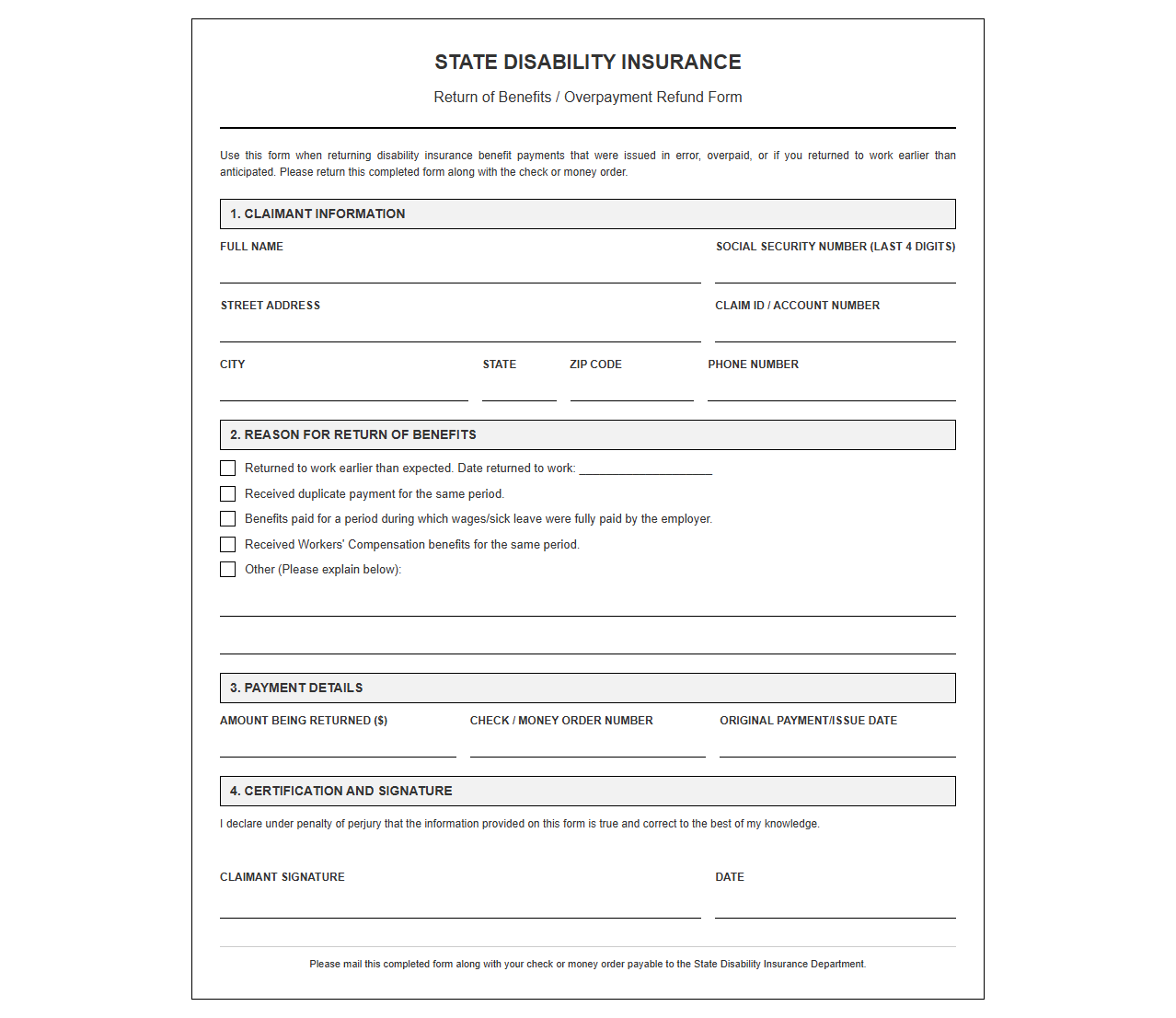State Disability Insurance Return of Benefits Form
