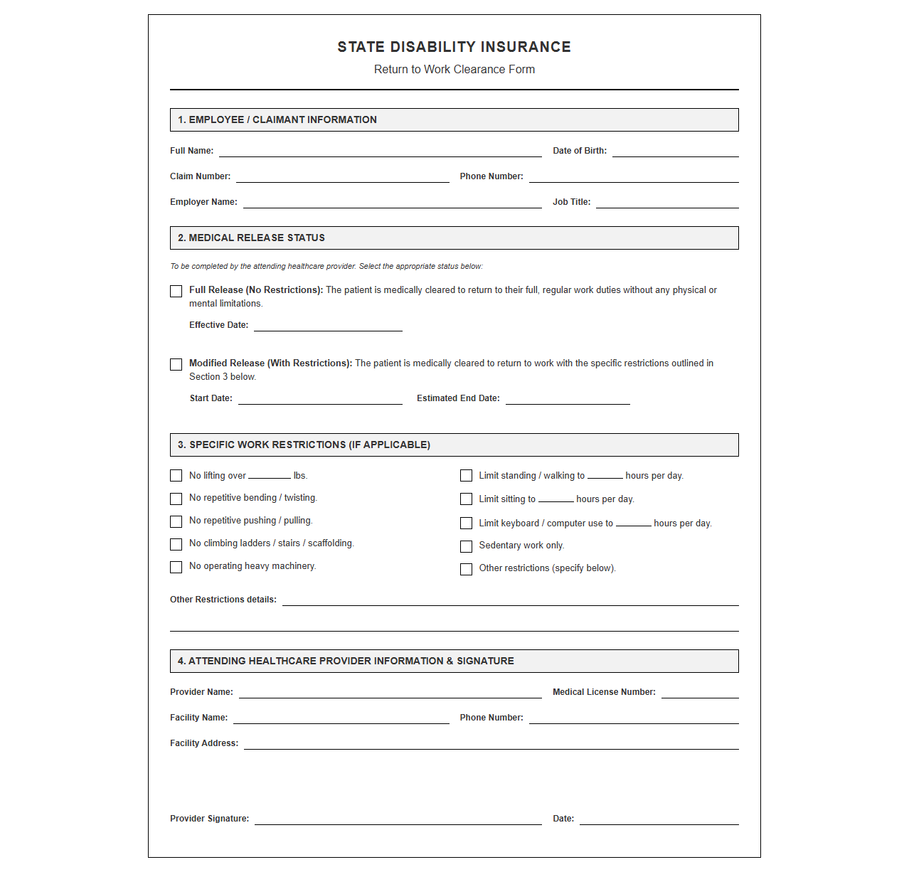 State Disability Insurance Return to Work Clearance Form