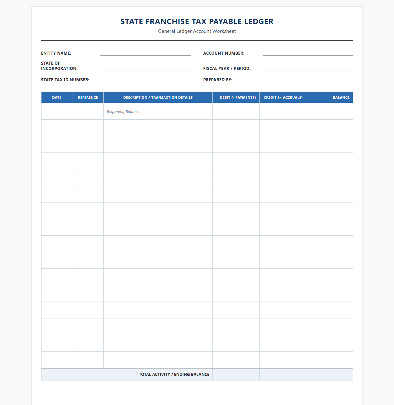 State Franchise Tax Payable Ledger Worksheet