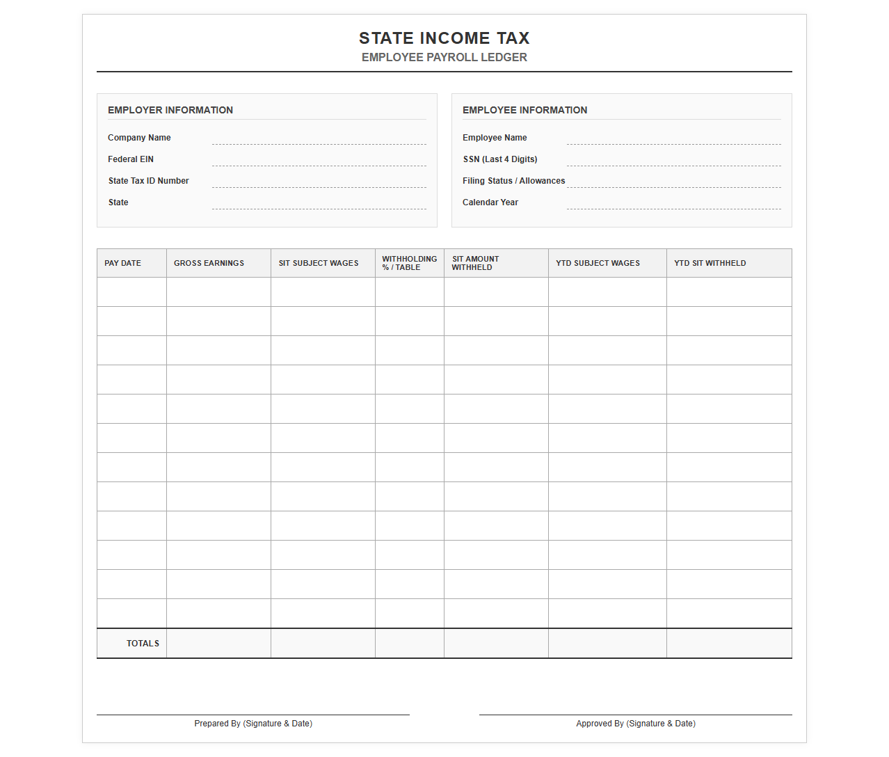 State Income Tax Employee Payroll Ledger