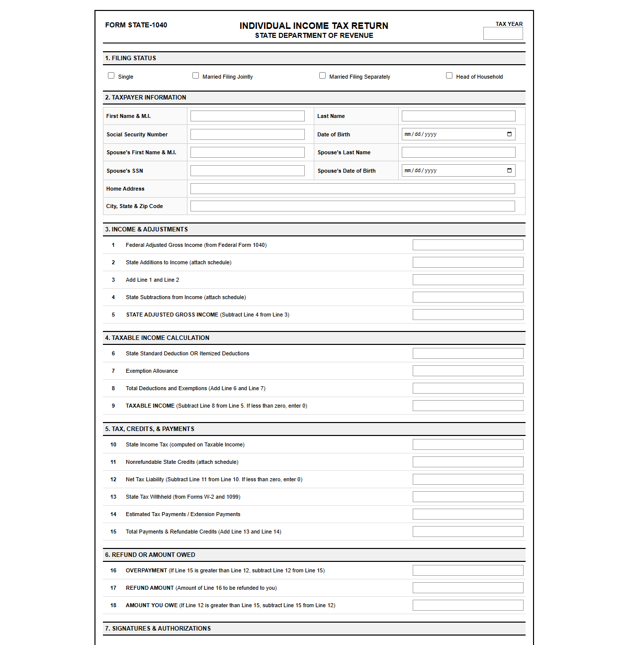 State Individual Tax Return Filing Template