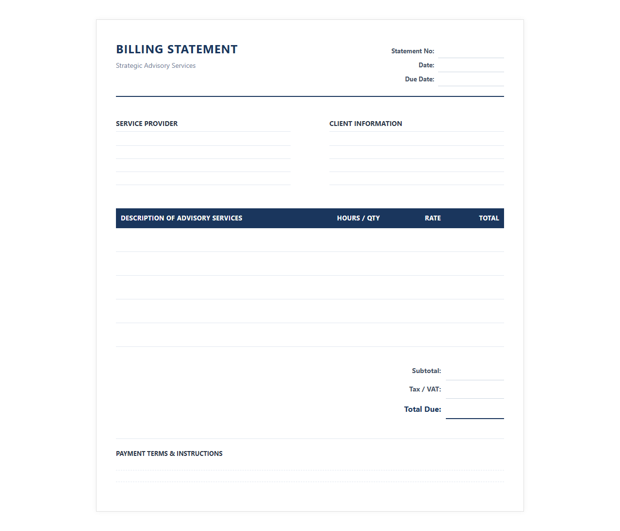 Strategic Advisory Services Billing Statement